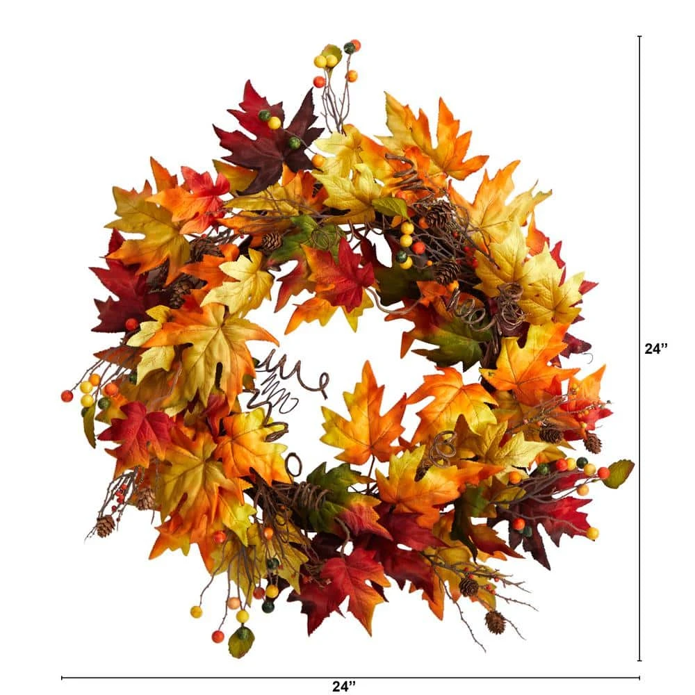 24 In. Green Autumn Maple Leaf And Berries Artificial Fall Wreath With Twig Base 4 24 In. Green Autumn Maple Leaf And Berries Artificial Fall Wreath With Twig Base - Image 2