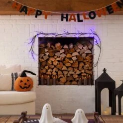 6.5ft. Pre-Lit Artificial Halloween Black Twig Garland With 48 Purple LED Lights -Christmas Gift Shop nearly natural halloween garland w1379 31 1000