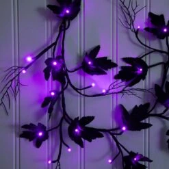 6.5ft. Pre-Lit Artificial Halloween Black Maple Garland With 48 Orange & Purple LED Lights -Christmas Gift Shop nearly natural halloween garland w1380 76 1000