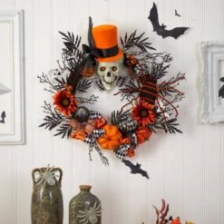 30 In. Orange Spider And Skull With Top Hat Halloween Wreath -Christmas Gift Shop nearly natural halloween wreaths w1197 31 1000