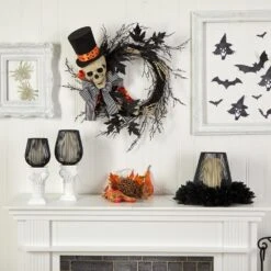 26 In. Black Dapper Skeleton Halloween Wreath -Christmas Gift Shop nearly natural halloween wreaths w1199 1f 1000