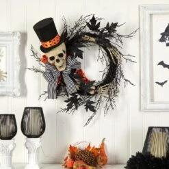 26 In. Black Dapper Skeleton Halloween Wreath -Christmas Gift Shop nearly natural halloween wreaths w1199 31 1000