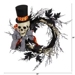 26 In. Black Dapper Skeleton Halloween Wreath -Christmas Gift Shop nearly natural halloween wreaths w1199 4f 1000