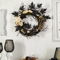24 In. Black Skull And Bones Halloween Wreath -Christmas Gift Shop nearly natural halloween wreaths w1206 31 1000
