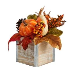 8 In. Orange Fall Pumpkin, Gourd, Berries And Pinecones Artificial Autumn Arrangement In Natural Washed Vase -Christmas Gift Shop nearly natural indoor fall decorations a1787 1f 1000