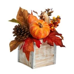 8 In. Orange Fall Pumpkin, Gourd, Berries And Pinecones Artificial Autumn Arrangement In Natural Washed Vase -Christmas Gift Shop nearly natural indoor fall decorations a1787 4f 1000