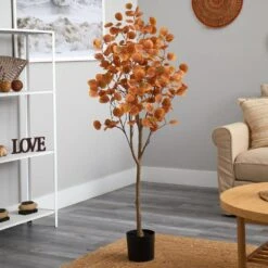 5 Ft. Orange Autumn Eucalyptus Artificial Tree -Christmas Gift Shop nearly natural indoor fall decorations t2782 31 1000