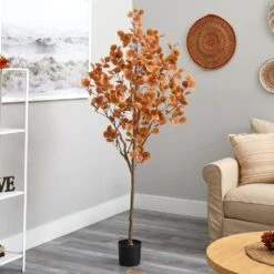 6 Ft. Orange Autumn Eucalyptus Artificial Tree -Christmas Gift Shop nearly natural indoor fall decorations t2783 31 1000