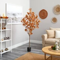 6 Ft. Orange Autumn Eucalyptus Artificial Tree -Christmas Gift Shop nearly natural indoor fall decorations t2783 4f 1000