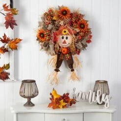 30 In. Orange Scarecrow Fall Artificial Autumn Wreath With Sunflower, Pumpkin And Decorative Bows -Christmas Gift Shop nearly natural indoor fall decorations w1192 31 1000