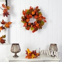 20 In. Orange Autumn Assorted Maple Leaf, Pumpkin Gourd, Pinecone And Berry Artificial Fall Wreath -Christmas Gift Shop nearly natural indoor fall decorations w1221 31 1000