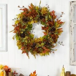 32 In. Orange Fall Hydrangea, Ranunculus And Maple Leaf Autumn Artificial Wreath -Christmas Gift Shop nearly natural indoor fall decorations w1239 31 1000