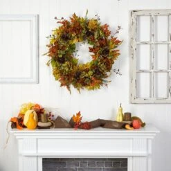 32 In. Orange Fall Hydrangea, Ranunculus And Maple Leaf Autumn Artificial Wreath -Christmas Gift Shop nearly natural indoor fall decorations w1239 4f 1000