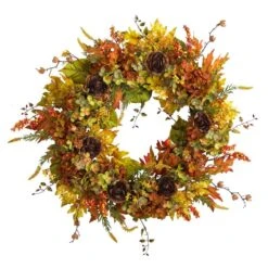 32 In. Orange Fall Hydrangea, Ranunculus And Maple Leaf Autumn Artificial Wreath