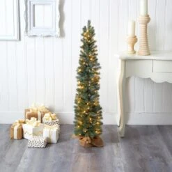 4 Ft. Green Pre-lit Pine Artificial Christmas Tree With 70 Warm White Lights Set In A Burlap Base -Christmas Gift Shop nearly natural pre lit christmas trees t1426 31 1000