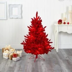 4 Ft. Red Pre-lit Flocked Fraser Fir Artificial Christmas Tree With 100 Red Lights, 14 Globe Bulbs -Christmas Gift Shop nearly natural pre lit christmas trees t1459 44 1000