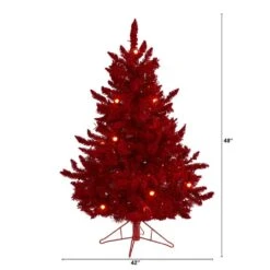 4 Ft. Red Pre-lit Flocked Fraser Fir Artificial Christmas Tree With 100 Red Lights, 14 Globe Bulbs -Christmas Gift Shop nearly natural pre lit christmas trees t1459 c3 1000