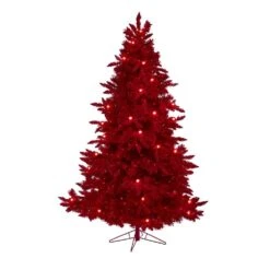 7 Ft. Red Pre-Lit Flocked Fraser Fir Artificial Christmas Tree With 500 Red Lights, 40 Globe Bulbs