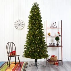 8 Ft. Pre-lit Slim Virginia Spruce Artificial Christmas Tree With 600 Warm White Multifunction LED Lights -Christmas Gift Shop nearly natural pre lit christmas trees t1492 31 1000