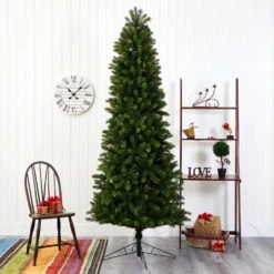 8 Ft. Pre-lit Slim Virginia Spruce Artificial Christmas Tree With 600 Warm White Multifunction LED Lights -Christmas Gift Shop nearly natural pre lit christmas trees t1492 76 1000