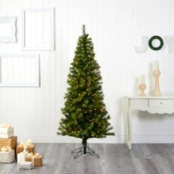 6.5 Ft. Pre-Lit Green Valley Pine Artificial Christmas Tree With 300 Warm White LED Lights -Christmas Gift Shop nearly natural pre lit christmas trees t1598 44 1000