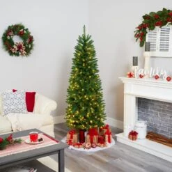 6 Ft. Pre-Lit Slim Green Mountain Pine Artificial Christmas Tree With 250 Clear LED Lights -Christmas Gift Shop nearly natural pre lit christmas trees t1600 44 1000