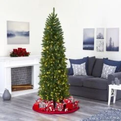 6.5 Ft. Pre-Lit Slim Green Mountain Pine Artificial Christmas Tree With 300 Clear LED Lights 17 6.5 Ft. Pre-Lit Slim Green Mountain Pine Artificial Christmas Tree With 300 Clear LED Lights -Christmas Gift Shop nearly natural pre lit christmas trees t1601 fa 1000