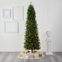 8 Ft. Pre-Lit Slim Green Mountain Pine Artificial Christmas Tree With 400 Clear LED Lights -Christmas Gift Shop nearly natural pre lit christmas trees t1604 31 1000