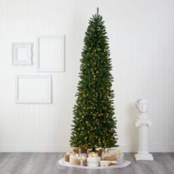 9 Ft. Pre-Lit Slim Green Mountain Pine Artificial Christmas Tree With 600 Clear LED Lights -Christmas Gift Shop nearly natural pre lit christmas trees t1605 31 1000