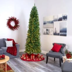 9 Ft. Pre-Lit Slim Green Mountain Pine Artificial Christmas Tree With 600 Clear LED Lights -Christmas Gift Shop nearly natural pre lit christmas trees t1605 44 1000
