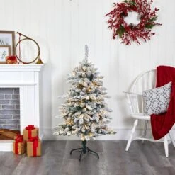 4 Ft. Pre-Lit Flocked Livingston Fir Artificial Christmas Tree With Pine Cones And 150 Clear Warm LED Lights -Christmas Gift Shop nearly natural pre lit christmas trees t1609 31 1000