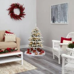 4 Ft. Pre-Lit Flocked Livingston Fir Artificial Christmas Tree With Pine Cones And 150 Clear Warm LED Lights -Christmas Gift Shop nearly natural pre lit christmas trees t1609 44 1000