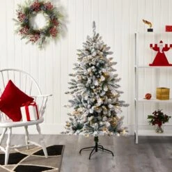 5 Ft. Pre-Lit Flocked Livingston Fir Artificial Christmas Tree With Pine Cones And 200 Clear Warm LED Lights -Christmas Gift Shop nearly natural pre lit christmas trees t1610 31 1000