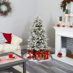 5 Ft. Pre-Lit Flocked Livingston Fir Artificial Christmas Tree With Pine Cones And 200 Clear Warm LED Lights -Christmas Gift Shop nearly natural pre lit christmas trees t1610 44 1000