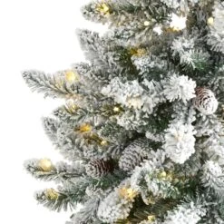 5 Ft. Pre-Lit Flocked Livingston Fir Artificial Christmas Tree With Pine Cones And 200 Clear Warm LED Lights -Christmas Gift Shop nearly natural pre lit christmas trees t1610 4f 1000