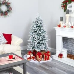 5 Ft. Pre-Lit Flocked Livingston Fir Artificial Christmas Tree With Pine Cones And 200 Clear Warm LED Lights -Christmas Gift Shop nearly natural pre lit christmas trees t1610 fa 1000