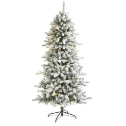 6.5 Ft. Pre-Lit Flocked Livingston Fir Artificial Christmas Tree With Pine Cones And 300 Clear Warm LED Lights