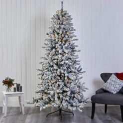 7.5 Ft. Pre-Lit Flocked Livingston Fir Artificial Christmas Tree With Pine Cones And 500 Clear Warm LED Lights -Christmas Gift Shop nearly natural pre lit christmas trees t1613 76 1000