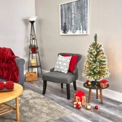 3 Ft. Pre-lit Frosted Swiss Pine Artificial Christmas Tree With 50 Battery Operated Clear LED Lights And Berries -Christmas Gift Shop nearly natural pre lit christmas trees t1625 44 1000