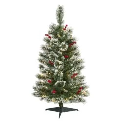 3 Ft. Pre-lit Frosted Swiss Pine Artificial Christmas Tree With 50 Battery Operated Clear LED Lights And Berries
