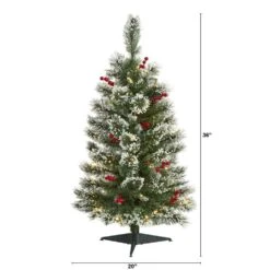 3 Ft. Pre-lit Frosted Swiss Pine Artificial Christmas Tree With 50 Battery Operated Clear LED Lights And Berries -Christmas Gift Shop nearly natural pre lit christmas trees t1625 c3 1000