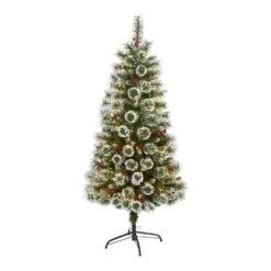 5 Ft. Pre-Lit Frosted Swiss Pine Artificial Christmas Tree With 200 Clear LED Lights And Berries