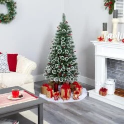 5 Ft. Pre-Lit Frosted Swiss Pine Artificial Christmas Tree With 200 Clear LED Lights And Berries -Christmas Gift Shop nearly natural pre lit christmas trees t1627 fa 1000