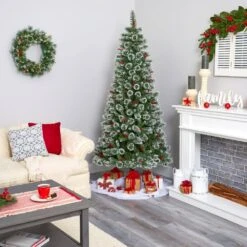 7 Ft. Pre-Lit Frosted Swiss Pine Artificial Christmas Tree With 400 Clear LED Lights And Berries -Christmas Gift Shop nearly natural pre lit christmas trees t1629 fa 1000