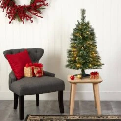 3 Ft. Pre-Lit Wisconsin Slim Snow Tip Pine Artificial Christmas Tree With 50 Battery Operated Clear LED Lights -Christmas Gift Shop nearly natural pre lit christmas trees t1632 31 1000