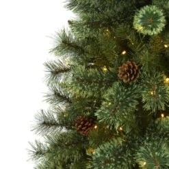 6 Ft. Pre-Lit White Mountain Pine Artificial Christmas Tree With 300 Clear LED Lights And Pine Cones -Christmas Gift Shop nearly natural pre lit christmas trees t1641 4f 1000