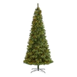 10 Ft. Pre-Lit White Mountain Pine Artificial Christmas Tree With 850 Clear LED Lights And Pine Cones