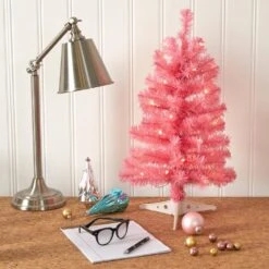 2 Ft. Pre-Lit Pink Artificial Christmas Tree With 35 Battery Operated Clear LED Lights -Christmas Gift Shop nearly natural pre lit christmas trees t1697 31 1000