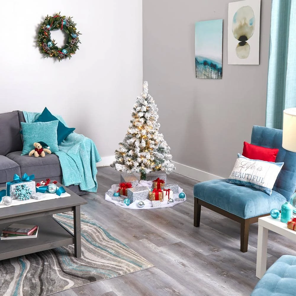 4 Ft. Pre-lit Flocked Rock Springs Spruce Artificial Christmas Tree With 100 Clear LED Lights 7 4 Ft. Pre-lit Flocked Rock Springs Spruce Artificial Christmas Tree With 100 Clear LED Lights - Image 5