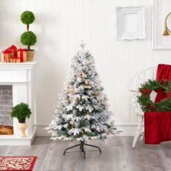 4 Ft. Pre-Lit Flocked Vermont Mixed Pine Artificial Christmas Tree With 100 Clear LED Lights -Christmas Gift Shop nearly natural pre lit christmas trees t1771 31 1000